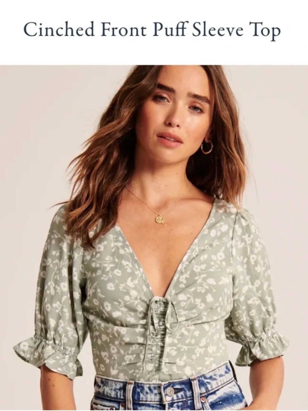 Abercrombie & Fitch Sage Green Floral Ruched V-Neck Blouse